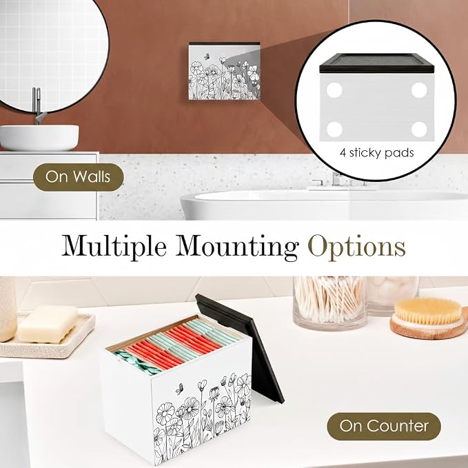 HOTCAN Discreet Wooden Tampon Holder for Bathroom with Built-In Vanity Lid | Feminine Pads Dispenser Organizer for Bathroom Countertop | Compact and Elegant Design | Multiple Mounting Options (Floral)