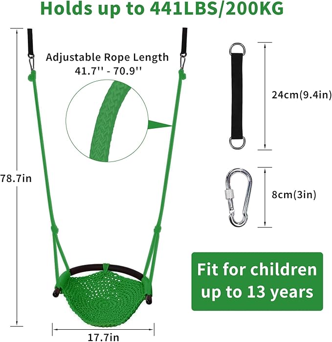 Hi-Na Tree Swing for Kids, Adjustable Toddler Rope Swing Seat with Snap Hooks and Straps, 440 lbs Capacity, Swingset Accessories for Indoor Porch Doorway Outdoor Playground Backyard (Green)