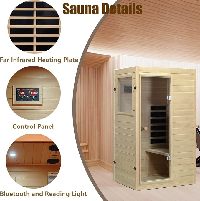 Kanlanth 1 Person Far Infrared Sauna - Low EMF Mini Indoor Wood Sauna, Compact Home Spa for Small Spaces, Bluetooth Speakers, LED Reading Light, 120V/950W, 36.6"x 29.3"x 63"