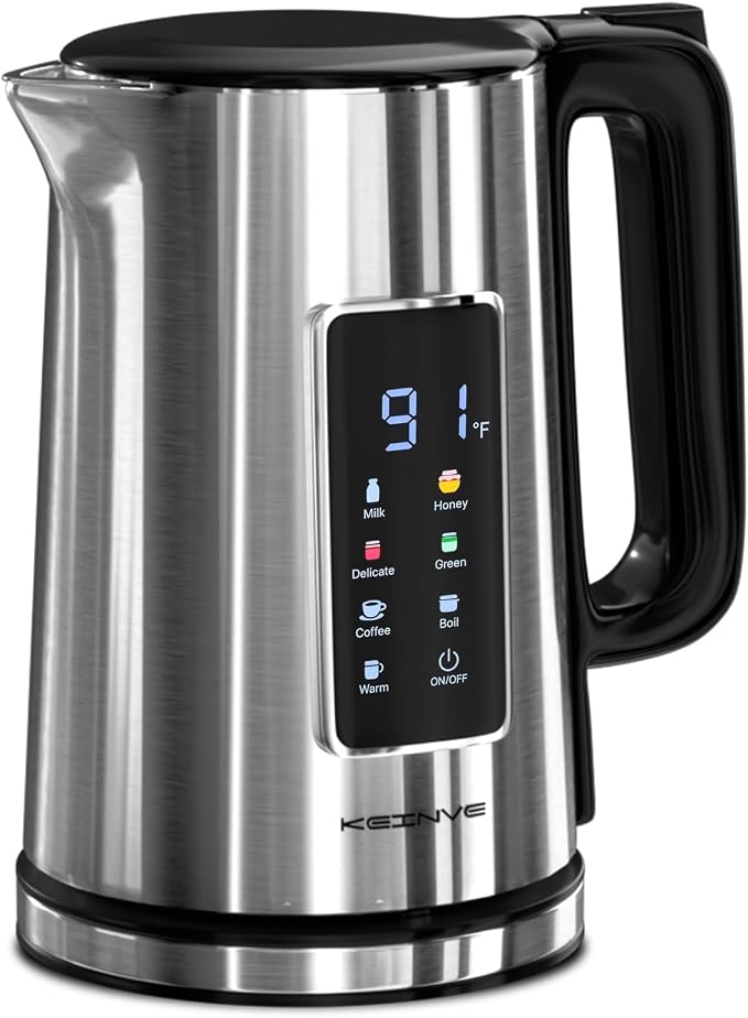 KEINVE 1.7L Electric Kettle, Touch Screen Water Boiler, No Plastic Interior, Double Wall, 6 Preset Temperatures, Fast Boil, and STRIX Control