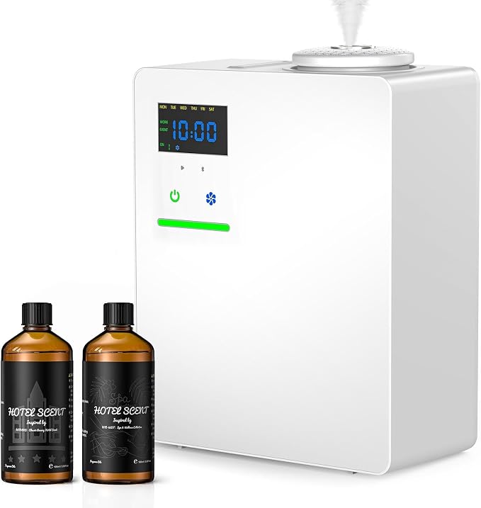 Waterless Essential Oil Diffuser with 2 x 100ML Oils, 5000 Sq.Ft Whole House Scent Machine, 200ml Cold Air Fragrance Diffuser with Bluetooth App Control for Home Hotel Office, White