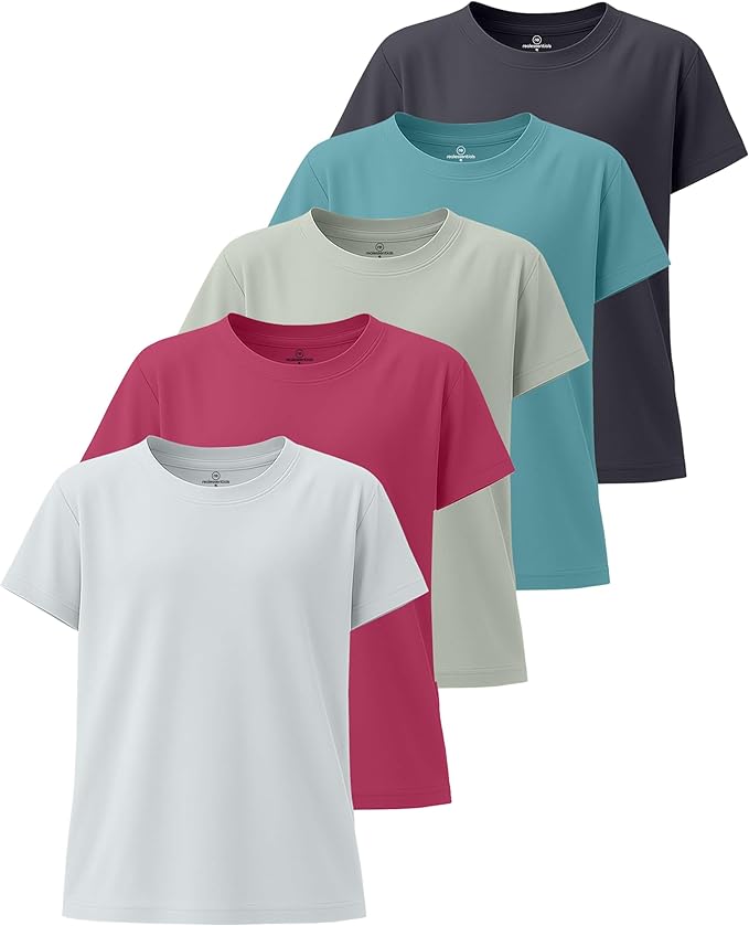 Real Essentials 5 Pack: Girls' Short Sleeve Dry-Fit Athletic T-Shirt - Active Gym Crew Neck Tops for Teens Kids (Ages 4-16)