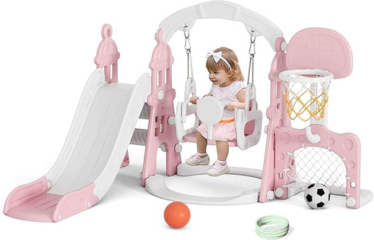 XJD 6-in-1 Toddler Slide and Swing Set, Kids Slide for Toddlers Age 1+, Toddler Outdoor Playset with Basketball Hoop, Football Frame, Swing, Outdoor Indoor Playground for Toddlers 1-3 (Pink)
