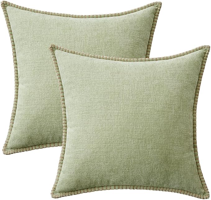 MIULEE Decorative Couch Throw Pillow Covers 18x18 Inch Light Green 2 Pack | Farmhouse Pillow Covers with Stitched Edge, Soft Chenille Cushion Cases, for Sofa Bed Living Room Home Decor