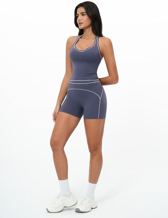 QBGJTD Two Piece Workout Sets for Women Color Block Racerback Tank Tops and High Waist Shorts Gym Yoga Outfits