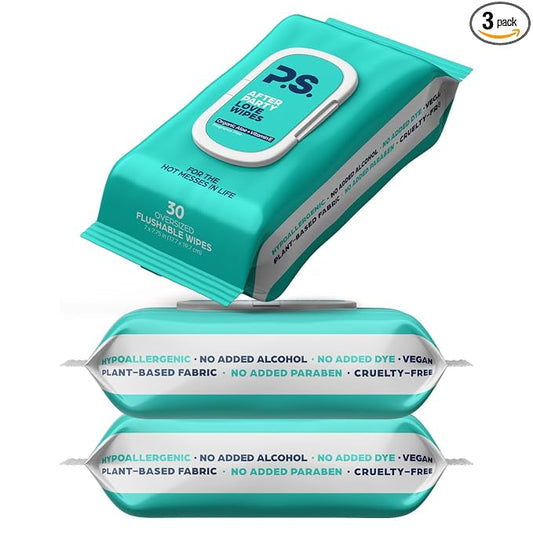 Afterparty Love Wipes - Oversized Flushable Wipes For Adults with Organic Aloe, Cucumber Extract, Oat Kernel Extract, & Vitamin E - Vegan, Plant Based, pH Balance for Women