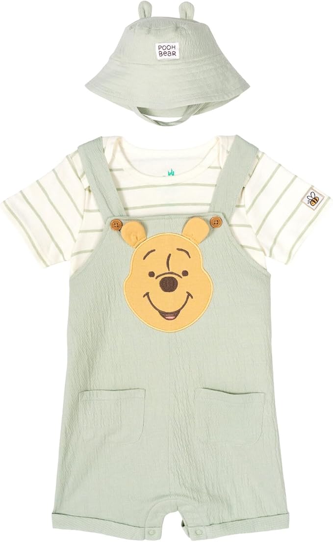 Disney Winnie the Pooh Baby Short Overalls, T-Shirt & Hat 3 Piece Outfit Set Newborn to Infant Sizes (0-24 Months)