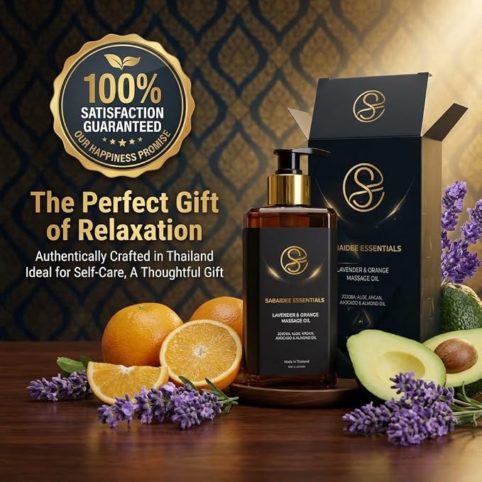 Aromatherapy Massage Oil - Lavender & Orange Thai Body Oil for Massage Therapy - Relaxing Scented Body Massage Oil with Jojoba, Argan, Aloe, Avocado & Almond, Large 10 Fl Oz