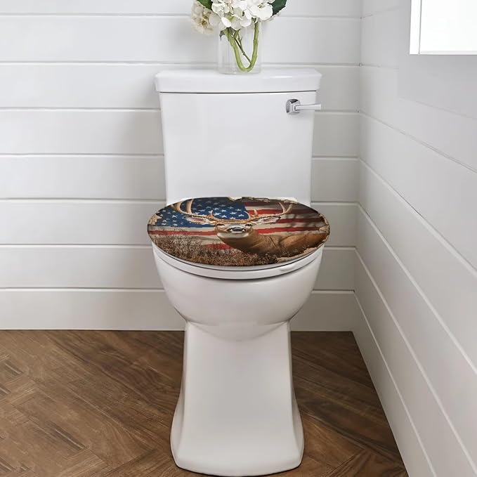 American Flag Deer Toilet Seat Cover for Bathroom 4th of July Decorations Patriotic Toilet Seat Pads Dust Cover Replacement Reusable Replacement Fabric Elastic,Easy to Clean