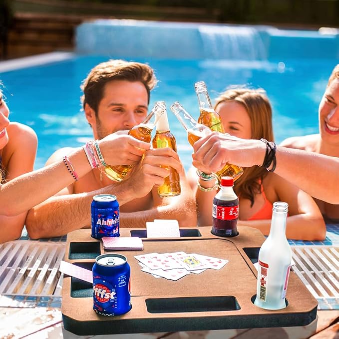 Floating Game or Card Table Tray for Pool or Beach Party Float Lounge Durable Foam Drink Holders with Waterproof Playing Cards (Brown)