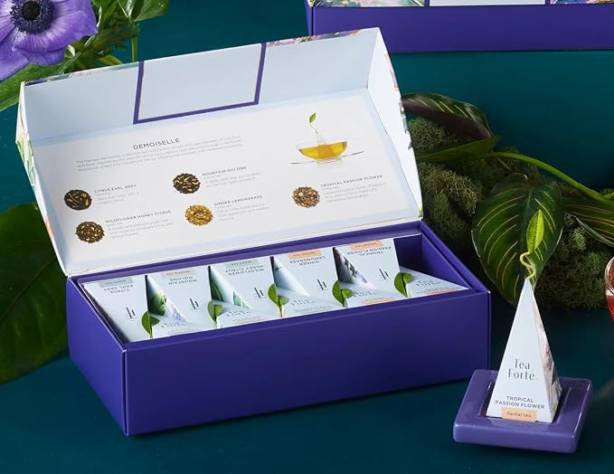 Tea Forte Premium Petite Presentation Box Gift Set Sampler, 10 Count, 2 of Each Blend Individually Wrapped Handcrafted Pyramid Infuser Bags, Demoiselle Tea