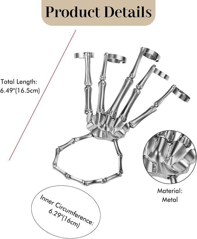 Cupimatch Women Halloween Skeleton Bracelet: Gothic Claw Hand Chain with Ring Punk Costume Jewelry