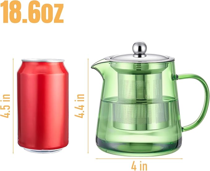 PARACITY Glass Teapot Stovetop 32OZ, Borosilicate Clear Tea Kettle with Removable 18/8 Stainless Steel Infuser, Teapot Blooming and Loose Leaf Tea Maker Tea Brewer (Green, 550ML)