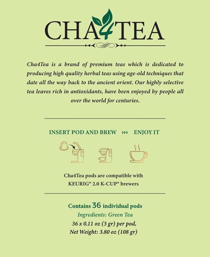 Cha4TEA 36-Count Green Tea Pods Compatible with Keurig K-Cup Brewers