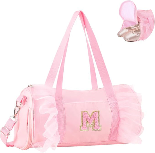 Personalized Initial Dance Bag for Girls 4-6, Small Lace Gym Sport Yoga Cheer Dance Bags Gift for Teen Girls, Cute Letter Kids Ballet Bag Toddler Travel Duffel Tote with Adjustable Straps(Pink-M)