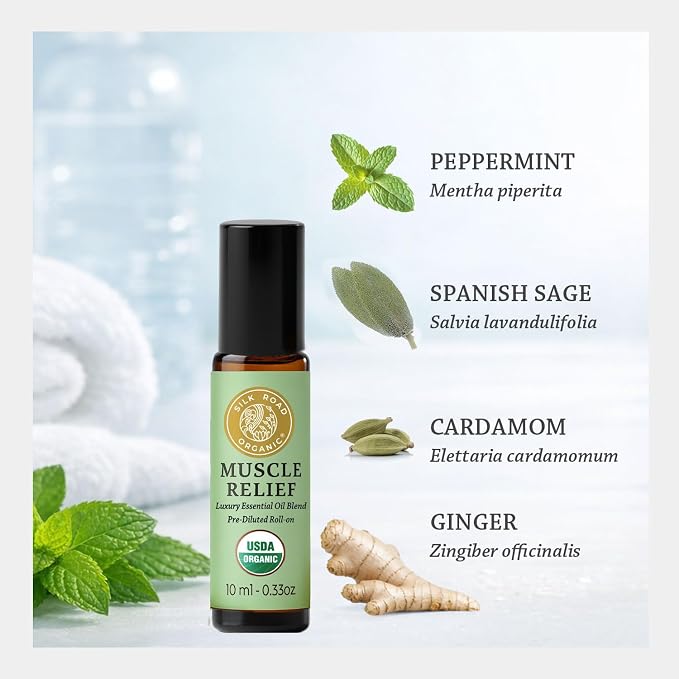 Silk Road Organic Muscle Relief Essential Oil Blend Roll On for Muscle Aches & Stiff Joints | USDA Certified Aromatherapy with Peppermint & Ginger - 10 ml Roller