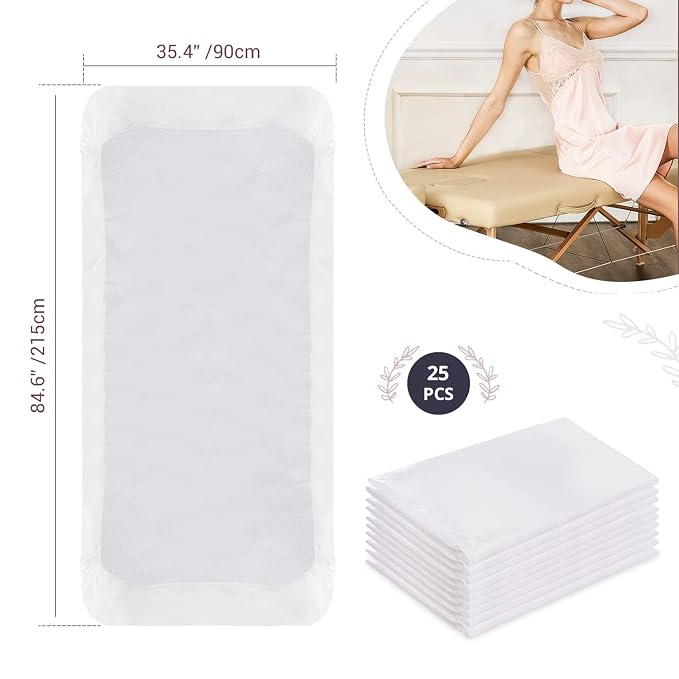 25PCS 84x35in Disposable Fitted Massage Table Sheets with Elastic, Breathable Disposable Massage Table Cover, Non Woven Fabric Spa Bed Covers, Single Use for Beauty Salon Wax Tattoo Facial Lash Bed