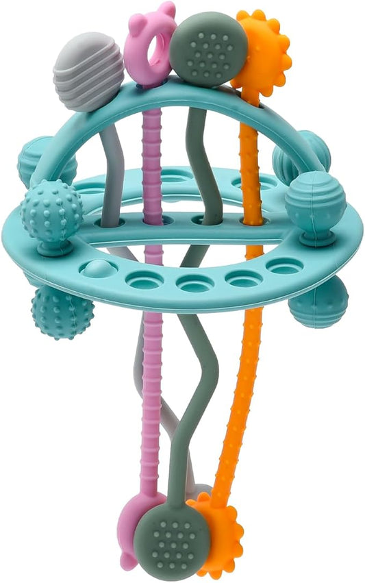 Food Grade Silicone Pull String Baby Toy, Montessori Pull String Sensory Toy for 18 Months Babies Teething Toys (Blue)