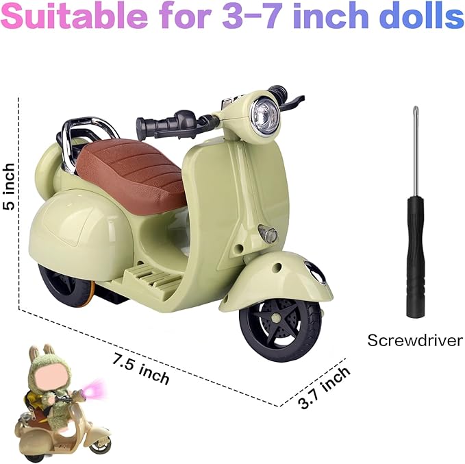 Scooter for Dolls Accessories, Cute Light-Up and Musical Seat with 360° Rotation, Cute Motorcycle for Dolls– Perfect for Doll Collectors, Batteries Not Included (Green)