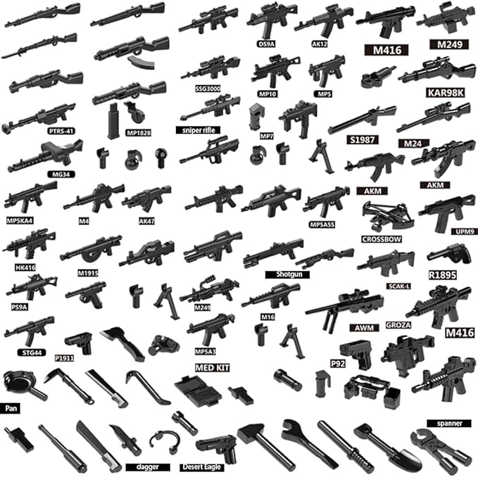 Military Weapons Pack Guns and Accessories for Minifigures, Custom Military War Gears Building Blocks Toy, 6 Heavy Weapons and Over 80 Pieces War Equipments for Legomaniacs