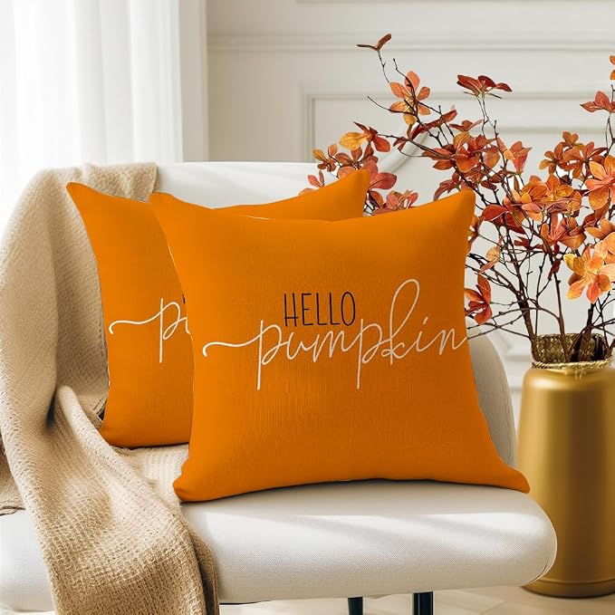 RABUSOFA Fall Pillows Covers 18x18 Autumn Hello Pumpkin Pillows Decorative Throw Pillows,Lumbar Outdoor Thanksgiving Cushion Cover Farmhosue Fall Decor for Couch Sofa Burnt Orange