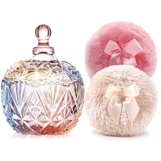 Luxury 4 Inch Glass Loose Powder Container with 2 Soft 3.5" Puffs｜Non-Sealed Refillable Organizer Storage for Body Powder Makeup & Jewelry & Setting Applicator(Crown-Colorful)