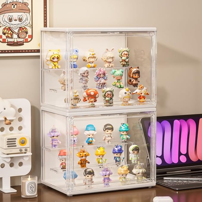 3 Tiers Clear Display Case with Lights, Acrylic Storage Organizers Box with Magnetic Door, Acrylic Dustproof Showcase for Collectibles Action Figure((1, White Medium)