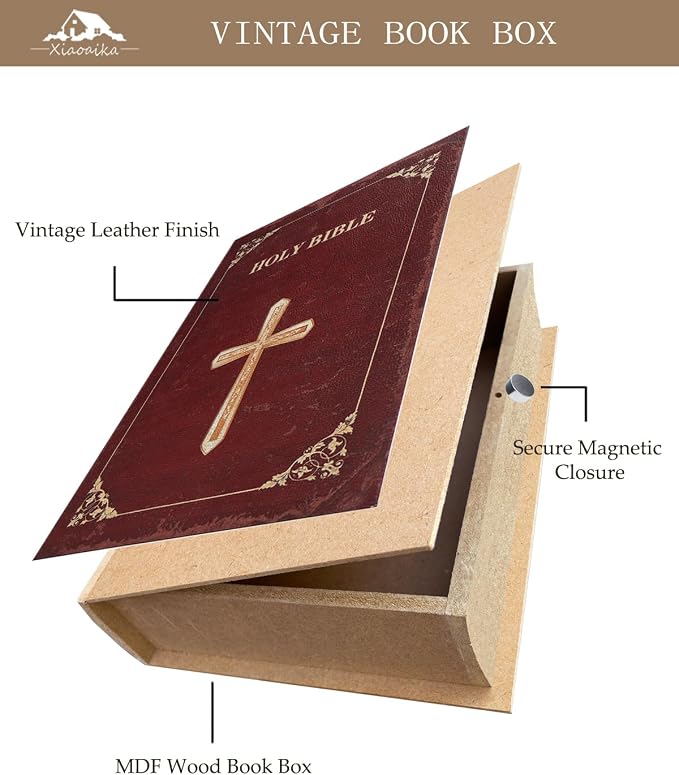 Wooden Book Box Set of 3 with Magnetic Closure and Classic Bible Design Leather Cover, Non-Woven Fabric Interior, Decorative Secret Storage for Bookshelves and Home Office