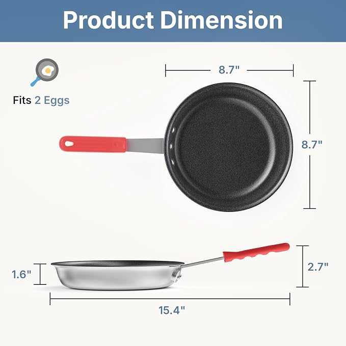 DUMOS 8 Inch Nonstick Frying Pan, Heavy-Gauge Aluminum Skillet with Ceramic Nonstick Coating, Stainless Steel Base & Handle, Omelet Pan for Induction, Electric, Gas, PFAS Free, Oven Safe, Red Handle