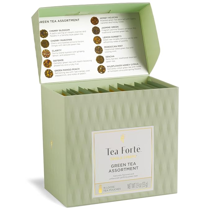 Tea Forte Single Steeps Loose Leaf Tea Sampler, Assorted Variety Tea Box, 15 Single Serve Pouches, Green