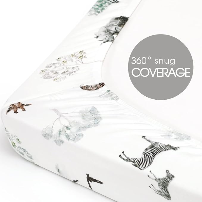 Stretchy Ultra Soft Jersey Knit Fitted Pack n Play Sheets Set 2 Pack, Portable/Mini Crib Sheets for Boys and Girls, Stylish Playard Sheets Fitted Safe and Snug, African Savannah Animals Pattern
