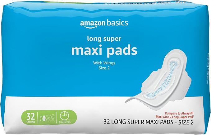 Amazon Basics Feminine Maxi Pads with Flexi-Wings for Periods, Long Length, Super Absorbency, Unscented, Size 2, 32 Count, 1 Pack (Previously Solimo)
