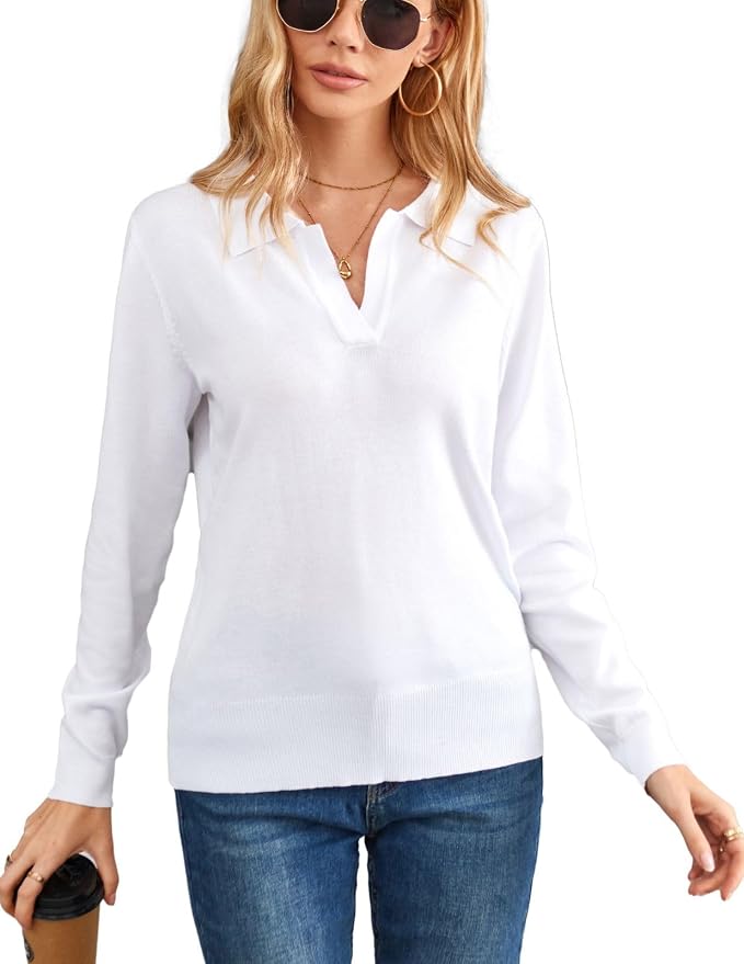 Women's Long Sleeve Classic V Neck Casual Fall Winter Polo Sweater Tops | Basic Collared Knitted Fashion Work Business Formal Daily Wear Versatile Pullover Shirts
