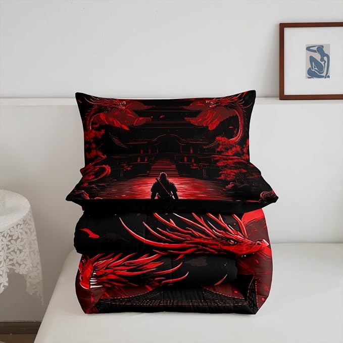 Feelyou Dragon Comforter Set Twin Size Japanese Style Comforter for Boys Girls Teens Samurai Bedding Set Sunset Duvet Set Room Decor Scarlet Red Quilt Set
