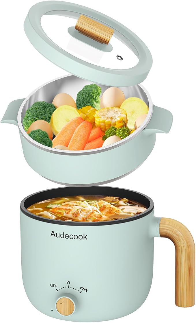 Audecook Hot Pot Electric with Steamer, 1.5L Portable Nonstick Rapid Noodles Cooker, Travel Electric Skillet with Dual Power Control for Ramen/Pasta/Soup/Steak/Egg/Oatmeal (Green)