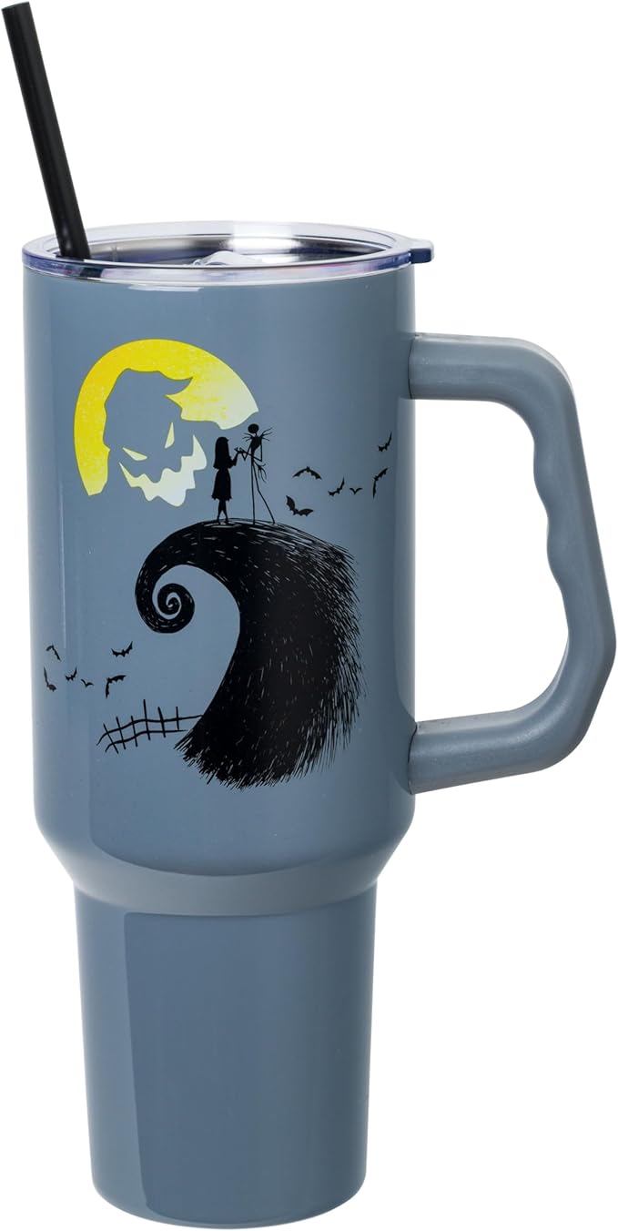 Silver Buffalo Disney Nightmare Before Christmas Featuring Oogie Boogie, Jack Skellington, and Sally Double Walled Stainless Steel Tumbler with Handle and Straw, Fits in Standard Cup Holder, 40 Ounces