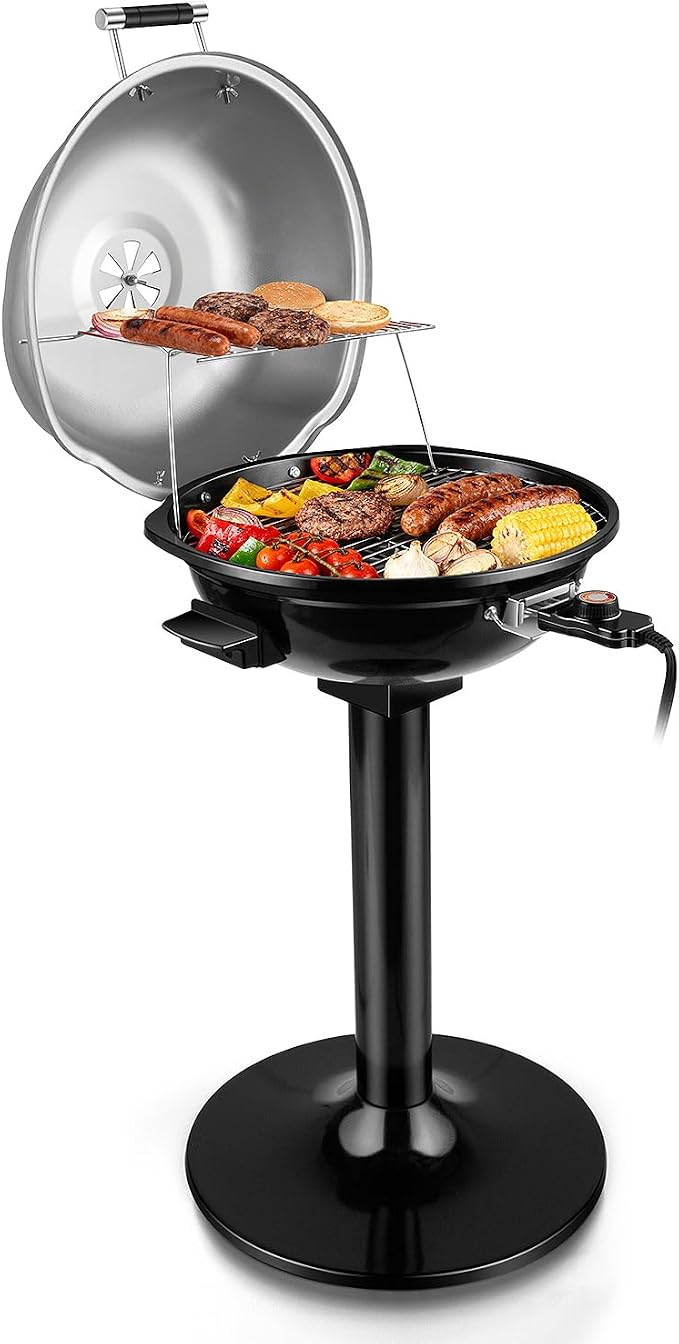 Electric Grill, Techwood Indoor/Outdoor Electric BBQ Grill, 1600W Portable Removable Stand Grill with Adjustable Heat & Drip Tray, Double Layer Design for Party, Patio & Backyard, Dust Cover(Silver)