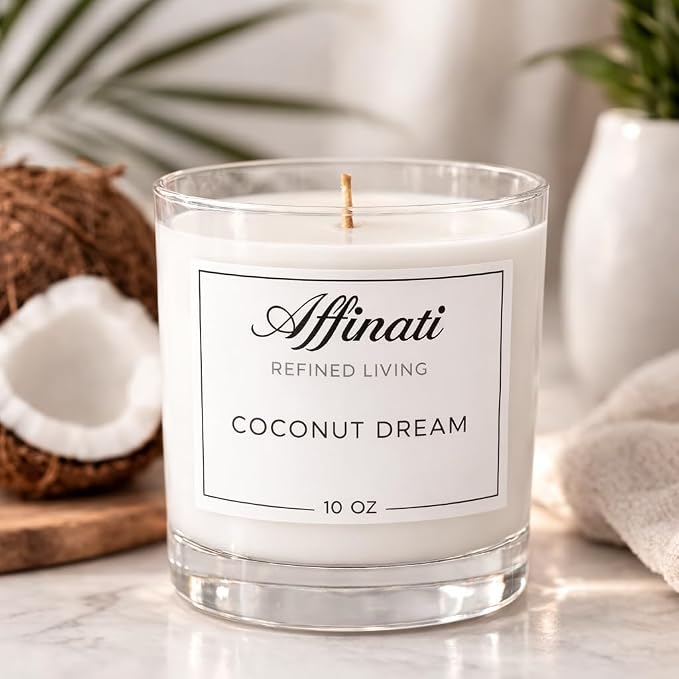 Coconut Dream Affinati 10 oz Scented Candle for Home – Long Lasting Fruity Soy Blend Candle with Wooden Wick, Strong Scent Throw Glass Jar Candles, Premium Clean Burning Aromatherapy Gifts
