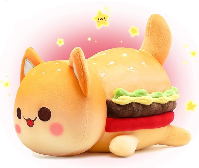 61-PCS | Cheeseburger Cat Plush + 60 PCS Sticker - Food Themed Mini Squishy Figures - Embroidery Realistic Plush Pillow - Kawaii Hamburger Cat Stuffed Animal Collectibles - Includes Cartoon Stickers