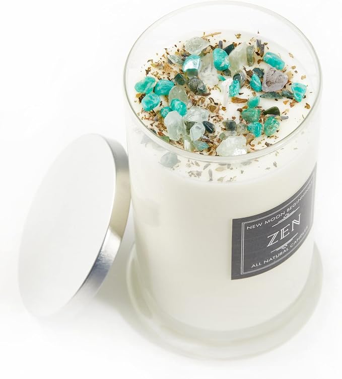 NEW MOON BEGINNINGS Zen Crystal Candle - All Natural - 100% Soy Aromatherapy Candle - Citrus, Cedarwood, Patchouli - Amazonite, Fluorite, Moss Agate - Meditation Candle - 21 oz. Glass Jar with lid