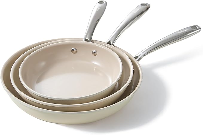 Redchef Non Stick Frying Pans, Ceramic Pan Skillet, Non Toxic Pans for Cooking, 8" 9.5" 11" Ceramic Frying Pan Set PFAS & PTFE & PFOA Free with Stay Cool Handle, Dishwasher & Oven Safe, Beige White