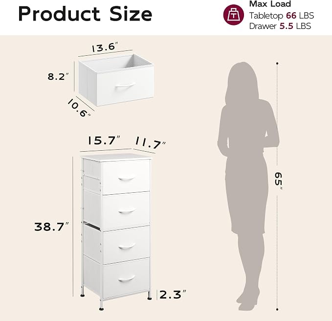 WLIVE Small Dresser Nightstand for Bedroom, 4 Drawers, White | 4 vertical fabric drawers, Space-saving tower, Bedroom or closet use, Chest of drawers, Dresser for small spaces