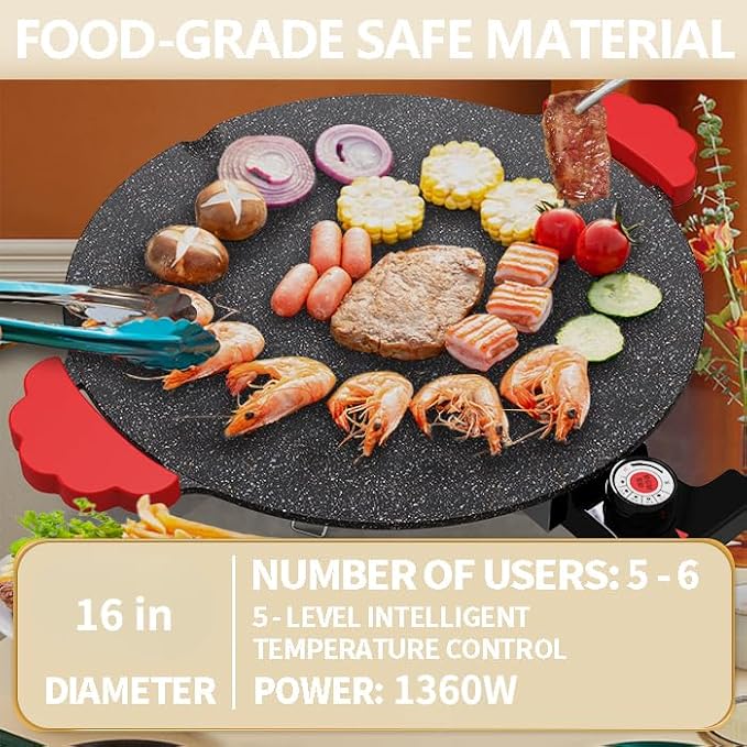 16" Indoor Grills Electric Smokeless, Includes 4 Barbecue Tools, 3 Cleaning Towels, Drip Tray, Suitable for Teppanyaki and Grilling