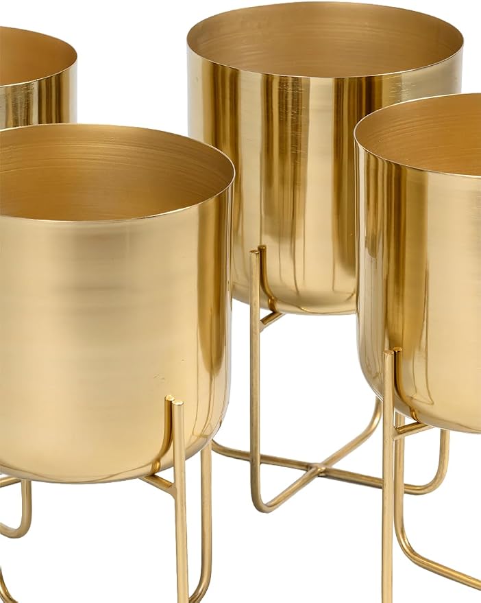 Serene Spaces Living (Set of 4 Short Gold Planter with Detachable Metal Stand, Decorative Indoor Planter Pot, Flower Pots Stand for Living Room, Kitchen, Office, Measures 13" Tall and 7.25" Diameter