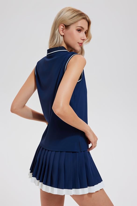 AFZ Tennis Outfits Polo Top and Color Blocked Pleated Tennis Dress Golf Outfits for Women Athletic Dress with Shorts