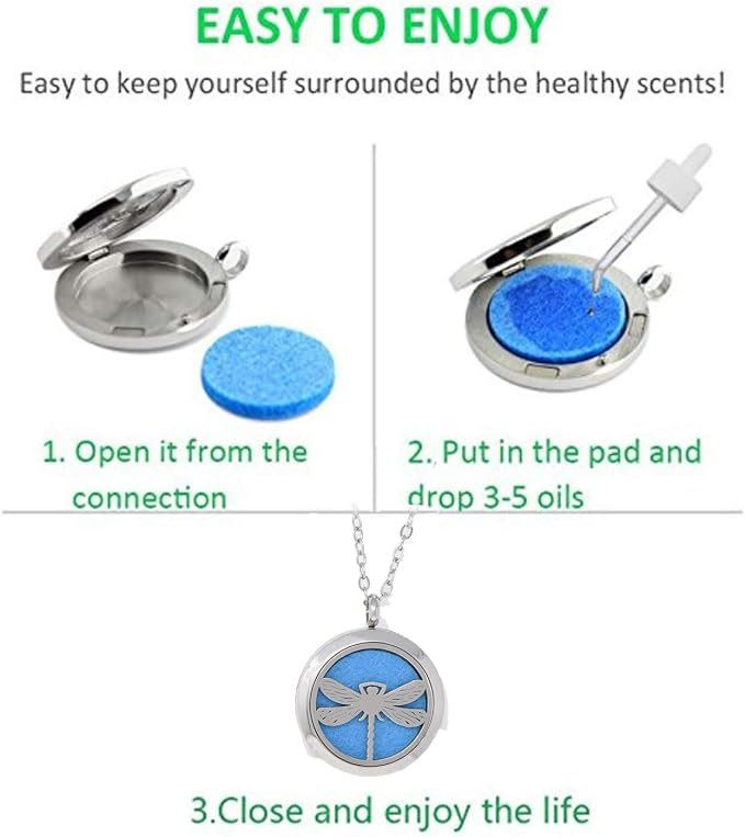 Aromatherapy Essential Oil Diffuser Stainless Steel Silver 30 MM Magnetic Locket Pendant 2 Sizes Chain Necklace, Refill Pads & Diffuser Bracelet in a Velvet Bag (Dragonfly)