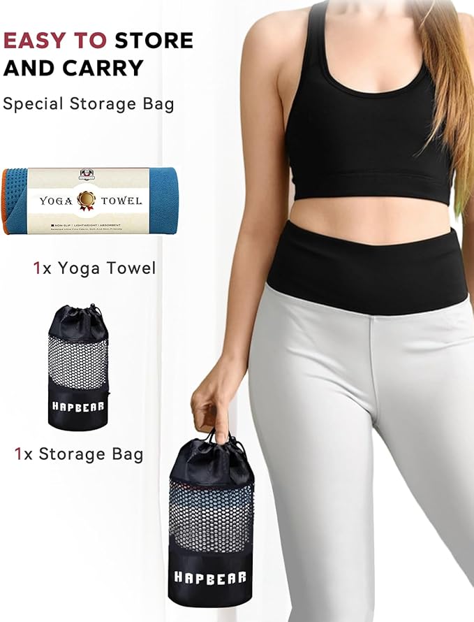 HAPBEAR Hot Yoga Towel with Non-Slip Grip Dots, 72" x 24" - Super Absorbent, Soft Microfiber Yoga Mat Towel for Bikram, Gym, Pilates - Blue