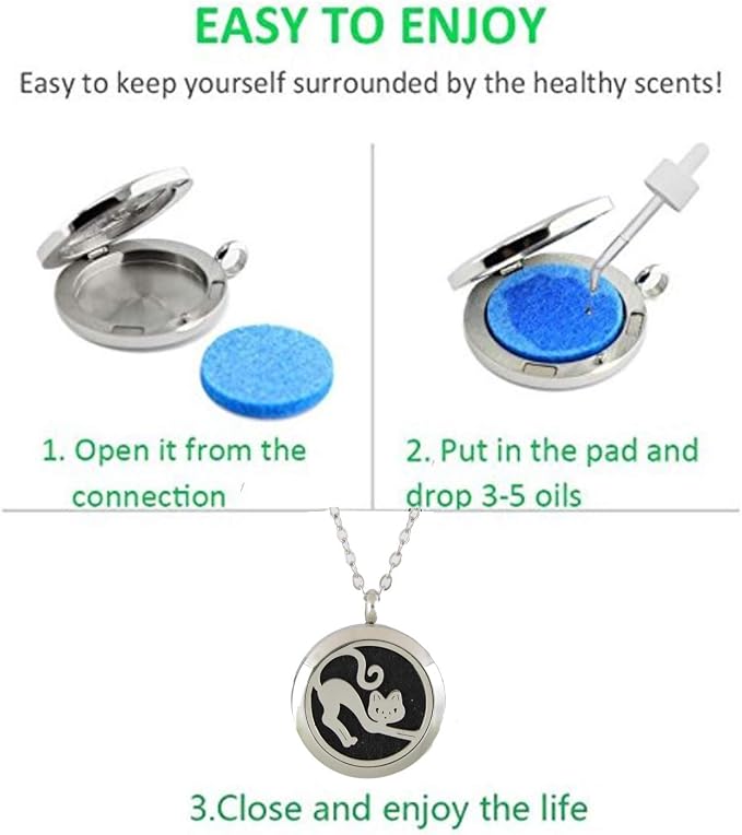 Aromatherapy Essential Oil Diffuser Stainless Steel 30MM Silver Magnetic Locket Pendant 2 Sizes Chain Necklace, Colored Refill Pads & Diffuser Bracelet in a Velvet Bag (fbastretchingskinnycat)