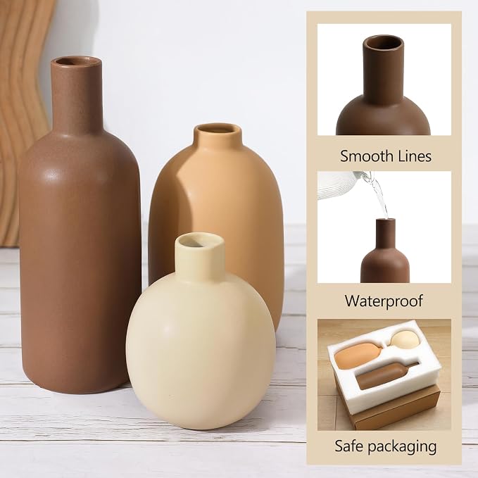 Large Ceramic Vase Set of 3, Brown Rustic Vases Home Decor Waterproof | Farmhouse Vases for Pampas Grass & Dried Flowers and Table Living Room Home Decor