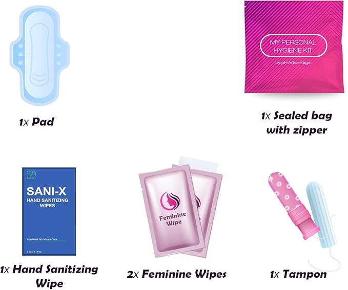 Menstrual Kit All-in-One | Convenience on The Go | Single Period Kit Pack for Travelling, Tweens & Teenagers or Emergency situations | Individually Wrapped Feminine Hygiene Products (Pink)